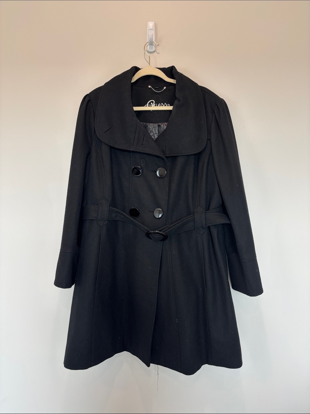 Guess Women's Wool Black Double-Breasted Pea Coat with Belted Waist